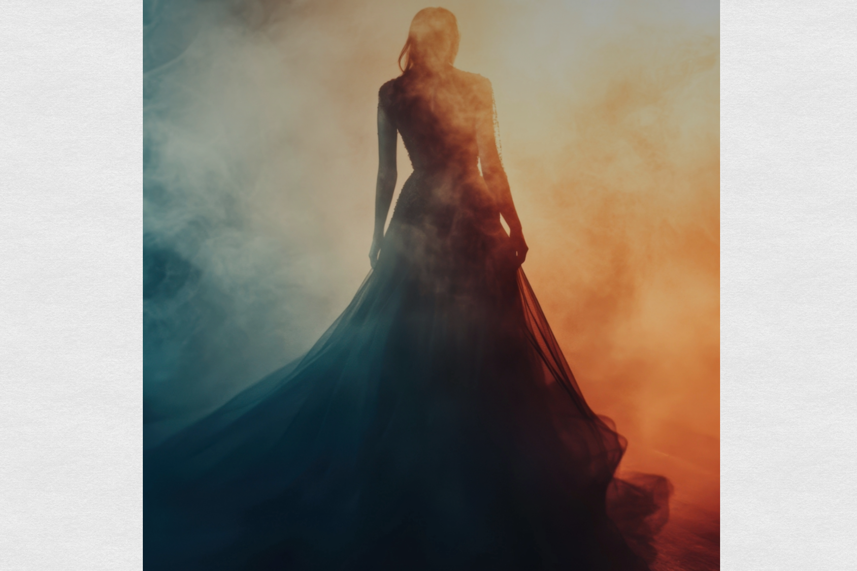 A silhouetted figure in a flowing gown stands amid swirling mist, illuminated by a gradient of warm orange and cool blue light.